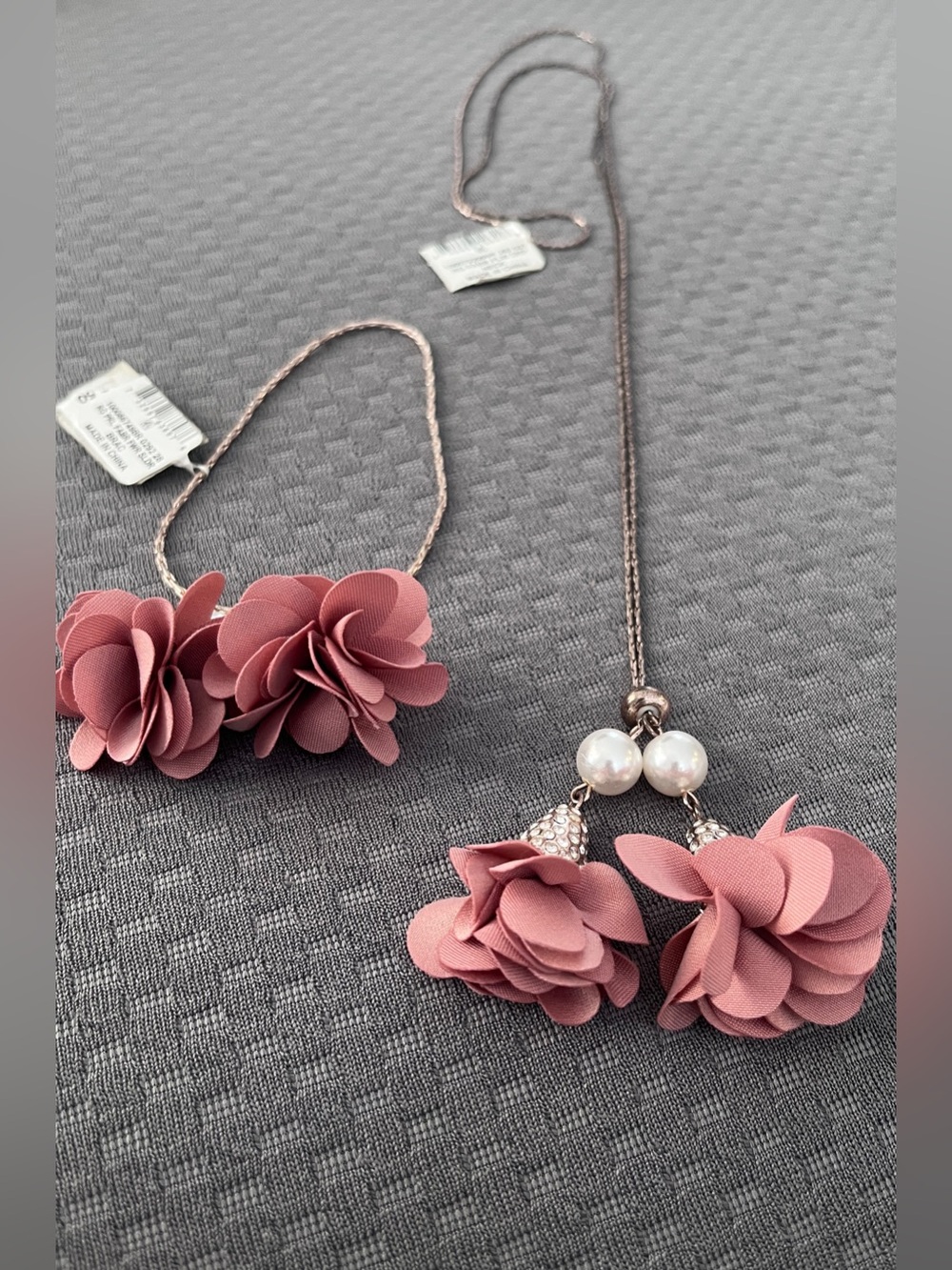 NWT Macys Dusty Pink Fabric Flower Tassel Necklace & Slider Bracelet Set